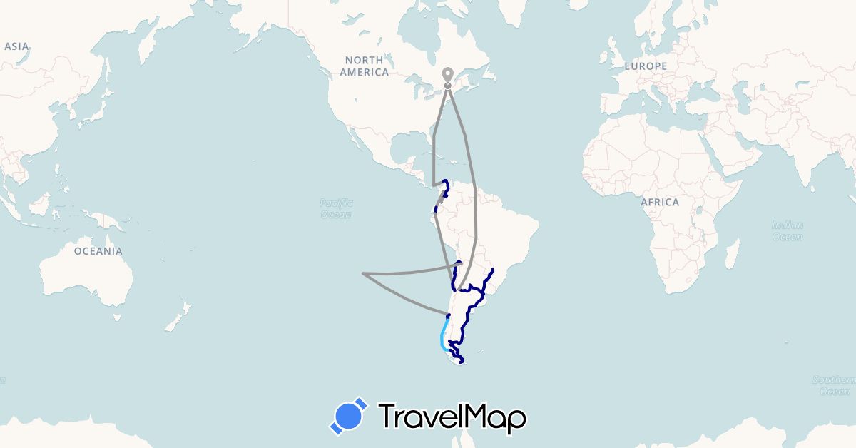 TravelMap itinerary: driving, plane, hiking, boat in Argentina, Canada, Chile, Colombia, Ecuador, Panama (North America, South America)